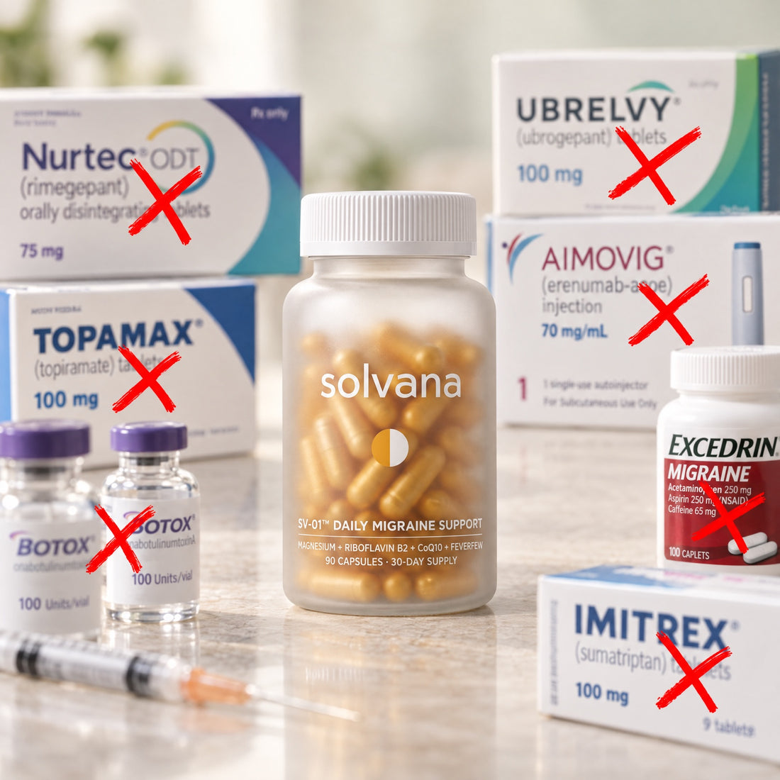 Solvana bottle surrounded by crossed-out migraine medications